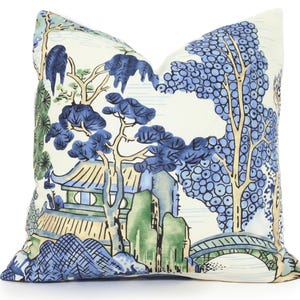 Thibaut Asian Scenic Floral Decorative Pillow Cover 18x18, 20x20, 22x22, Eurosham lumbar blue green, chinoiserie, pagoda, throw toss cushion