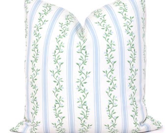 Light Blue Floral Stripe Pillow Cover: Cotton Linen Blend