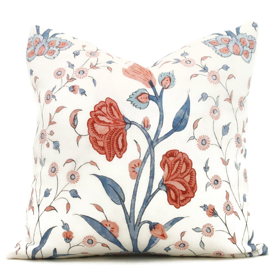 Schumacher Khilana Floral Pillow Cover: Rose Delft Linen Throw Pillow ...