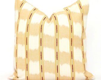 Schumacher Faye Ikat Ochre Yellow Pillow Cover: Red Stripe Throw Pillow