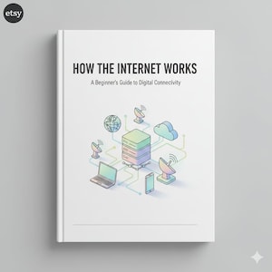 May include: A white book with the title "HOW THE INTERNET WORKS" and the subtitle "A Beginner's Guide to Digital Connectivity." The cover shows a colourful illustration of internet-related icons, including a laptop, server, and satellite dishes.