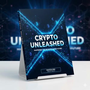 May include: A book titled "Crypto Unleashed" is displayed on a white stand. The cover is dark blue with a chain design and the text "Crypto Unleashed" in large, light blue letters. The book is part of the "Fintech Pro Ebook Series".