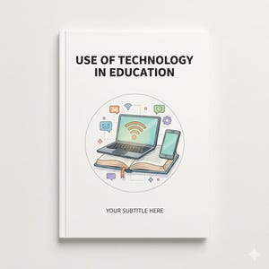 Könnte beinhalten: Ein Buchcover mit dem Titel "USE OF TECHNOLOGY IN EDUCATION" in schwarzem Text. Eine Illustration zeigt einen Laptop mit einem Wi-Fi-Symbol, ein Smartphone und Symbole. Der Untertitelbereich lautet "YOUR SUBTITLE HERE".