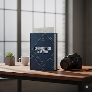 May include: A navy blue book titled "COMPOSITION MASTERY" with gold geometric designs, standing upright on a wooden desk. A black camera with a lens and a white mug are also on the desk. A small succulent plant is in a square pot.