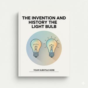 May include: A book cover with the title "THE INVENTION AND HISTORY THE LIGHT BULB" in bold black text. Two light bulbs are illustrated inside a blue and yellow circle. The subtitle area reads "YOUR SUBSTITLE HERE".