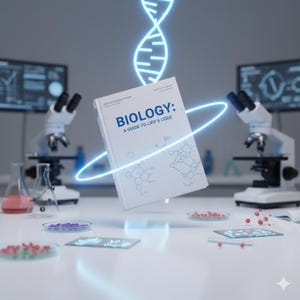 May include: A white book titled "BIOLOGY: A GUIDE TO LIFE'S CODE" floats in a laboratory setting. The cover features blue text and molecular diagrams. Microscopes, beakers, and petri dishes with samples are visible.