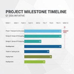 May include: A project milestone timeline graphic for Q1 2026, featuring a series of horizontal bars representing different project phases. The bars are in shades of blue, green, and olive, with the current date marked on the timeline.