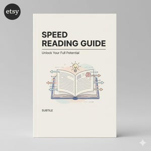 May include: A book cover with the title "SPEED READING GUIDE" and the tagline "Unlock Your Full Potential." The cover features an open book with an illustration of a lightbulb and a brain, with arrows pointing outwards.