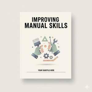 May include: A book cover with the title "IMPROVING MANUAL SKILLS" in bold black text. The cover features illustrations of hands holding a paintbrush and a wrench, with gears and a ruler. The subtitle area reads "YOUR SUBSTILE HERE".