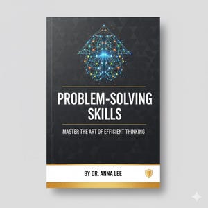 Może przedstawiać: Okładka książki z tytułem "PROBLEM-SOLVING SKILLS" w białym tekście na czarnym tle. Okładka zawiera geometryczną ilustrację mózgu w kolorze niebieskim, zielonym i pomarańczowym. Nazwisko autora, Dr. Anna Lee, znajduje się na dole.
