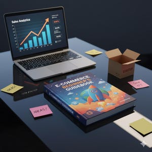 May include: A laptop showing sales analytics is positioned near an "E-Commerce Beginner's Guidebook" featuring a rocket ship illustration. Sticky notes with "Ideas!" and "Ship It!" are placed around a small cardboard box labelled "Startup."