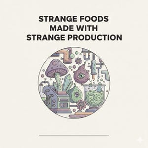 May include: Illustration with the text "STRANGE FOODS MADE WITH STRANGE PRODUCTION." The image features a circular design with a mushroom, crystals, and other surreal elements, all rendered in a whimsical, cartoon style with a muted color palette.