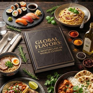 Puede incluir: Un bodegón culinario con un libro de cocina titulado "Global Flavors: A Masterclass in World Cuisine", rodeado de varios platos. Sushi, pasta, tacos y curry están dispuestos sobre una mesa de madera, junto con especias y aceite de oliva.