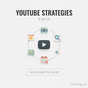 May include: An ebook cover design with the title "YOUTUBE STRATEGIES" in bold black letters. Below, "E-BOOK" is written in smaller text. A circular graphic features icons of a video camera, play button, magnifying glass, speaker, calendar, and a chart.