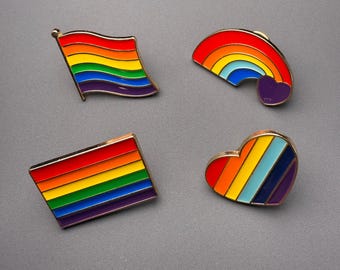 LGBTQ Pride Enamel Pins Set | Rainbow Flag, Heart & Rainbow Designs