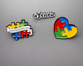 Autism Awareness Pin Set – Puzzle Pieces & Heart – Embrace Neurodiversity with Artistic Enamel Pins