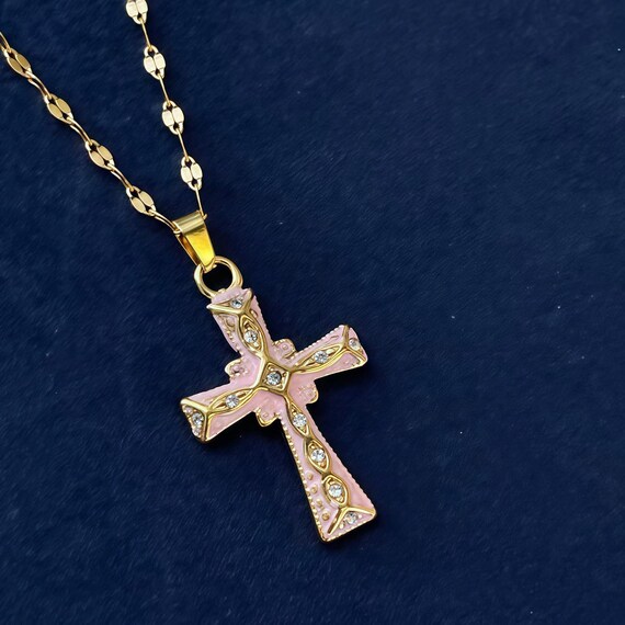 Gold Pink Cross Necklace | Sparkling Crystal Cross Pendant | Enamel Necklace | Birthday Gift for Women | Religious Necklace | Christmas Gift