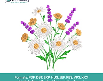 Wildflower Daisy Bouquet Embroidery Design, Floral Meadow Flowers (Digital Download)