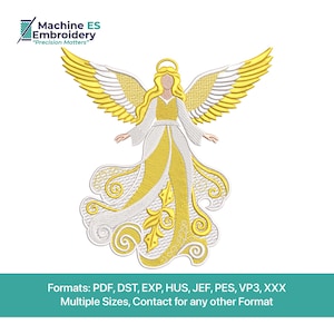 May include: An embroidered design of an angel with golden wings, hair, and halo, wearing a white and gold gown. The image includes the text "Machine ES Embroidery" and "Precision Matters". The bottom of the image has text about file formats.