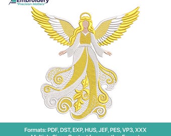 FSL Christmas Golden Angel Embroidery Design | Holiday Décor Ornament Machine Pattern | Instant Download