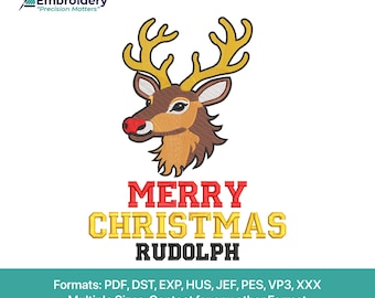 Merry Christmas Rudolph Reindeer Holiday Stitch Embroidery Design Pattern | Instant Download