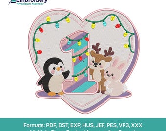 Baby's First Christmas Applique Embroidery Design | Penguin, Deer, Bunny (Digital Download)
