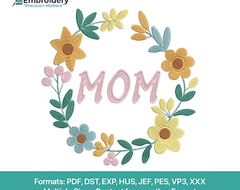 Mom Floral Embroidery Design - Vintage Style Spring Hoop Art - Mother's Day (Digital Download)