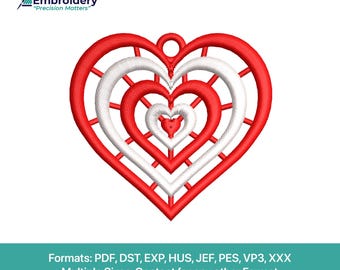 Layered Heart FSL Embroidery Design | Valentine Wedding Ornament (Digital Download)