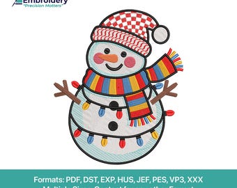 Cheerful Snowman Design | Winter Machine Embroidery Pattern | Festive Holiday Lights Snowman