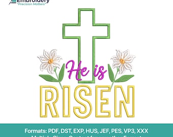 He Is Risen Appliqué Embroidery Design | Easter Cross Religious Floral Machine File (Digital Download)