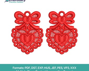 FSL Heart with Bow Lace Earrings Embroidery Design | Valentine Ornament (Digital Download)