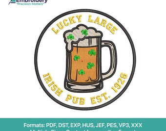 Irish Pub Beer Mug Embroidery Design – St. Patrick's Day Shamrock Patch (Digital File