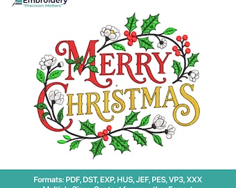 Merry Christmas Embroidery Design | Floral Wreath (Digital Download)