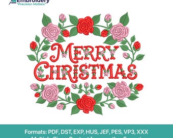 Elegant Merry Christmas Floral Embroidery Design | Holiday Rose Pattern File | Festive Winter Machine Stitch