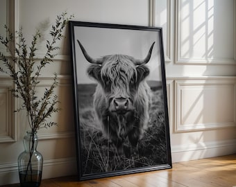 May include: A black and white framed wall art print featuring a Highland cow with long, shaggy fur and prominent horns. The cow is standing in a grassy field. The artwork is enclosed in a simple black frame, leaning against a panelled wall.