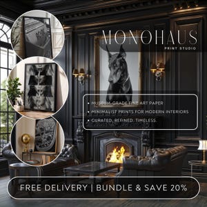 Puede incluir: Un interior oscuro con impresiones art&iacute;sticas enmarcadas, incluyendo un retrato en blanco y negro de un perro y un gr&aacute;fico de un &aacute;lbum. La escena incluye una chimenea, muebles de cuero y el texto "MONOHAUS PRINT STUDIO".