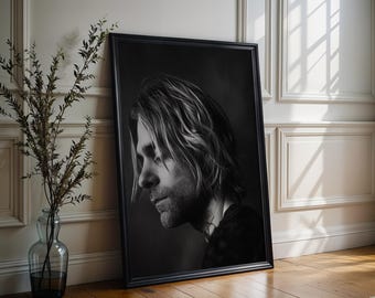 Arte mural minimalista: retrato de KC / Fotografía en blanco y negro de una leyenda del grunge rock