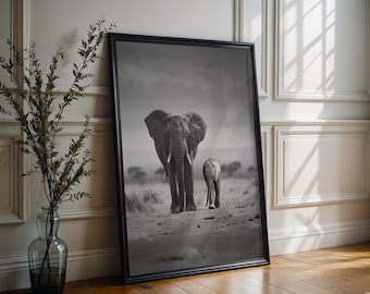 Wildlife Poster | Elephant and Calf Print • Black & White Safari Photography, Scandi Wall Art