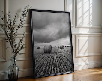 Cuadro decorativo de campo de pacas de heno estilo granja moderna / Lámina campestre en blanco y negro