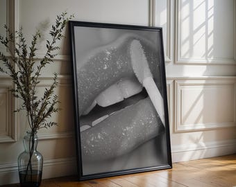 Designer Wall Art | Glitter Lips Print | Black and White Glam Makeup Photography