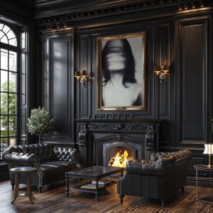 Puede incluir: Una lujosa habitaci&oacute;n con paneles negros con chimenea, dos sof&aacute;s de cuero y una mesa de centro. Un gran retrato enmarcado cuelga sobre la chimenea. La habitaci&oacute;n est&aacute; iluminada por apliques y una l&aacute;mpara de mesa, creando un ambiente dram&aacute;tico.