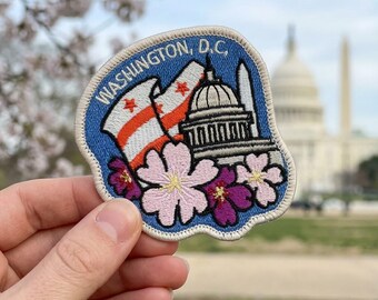 Washington DC Embroidered Patch, Capitol Building Cherry Blossom Badge, Patriotic Travel Souvenir Applique