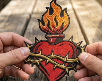 Sacred Heart Embroidered Patch, Sacred Heart of Jesus Iron on Patches, Gothic Flame Heart Badge for Jackets, Religious Spiritual Gift