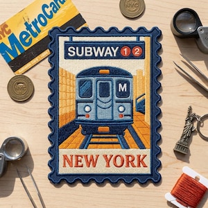 May include: A rectangular embroidered patch with a scalloped edge featuring a blue subway train in a station. The text reads SUBWAY 1 2 and NEW YORK. The design includes orange and yellow platform details, blue train cars, and white accents.