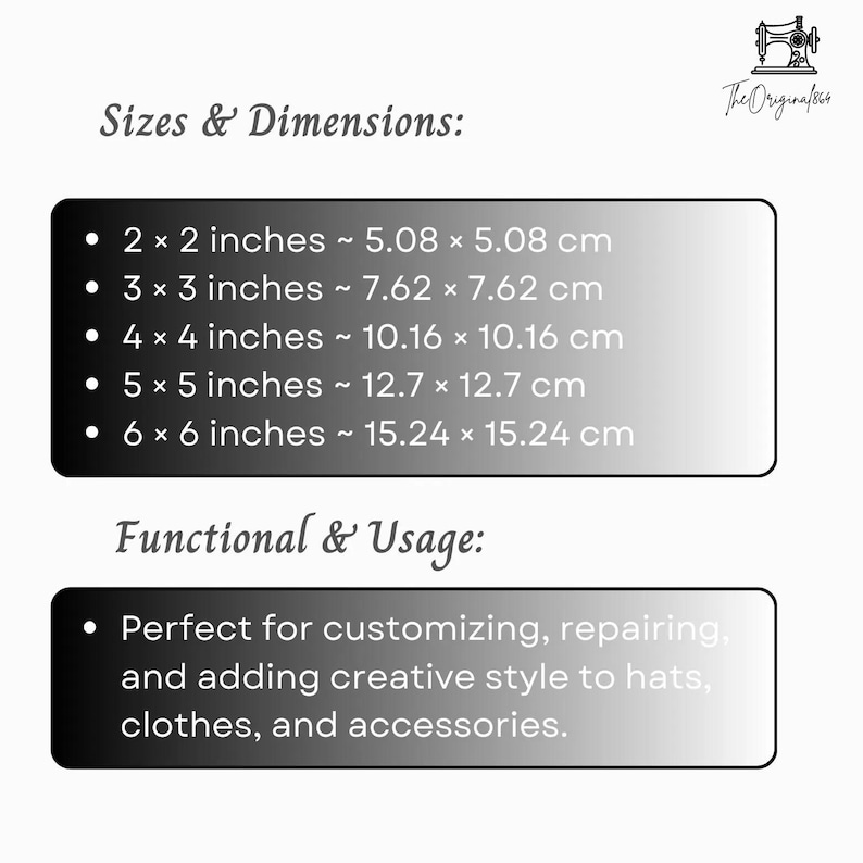May include: A black and white informational graphic titled Sizes & Dimensions listing five square sizes from 2 x 2 inches to 6 x 6 inches, followed by a section titled Functional & Usage with text about customizing hats, clothes, and accessories.