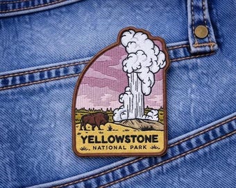 Yellowstone National Park Embroidered Patch, Bison Geyser Landscape Badge, Wyoming Nature Souvenir, Travel Gift for Hiking Backpacks