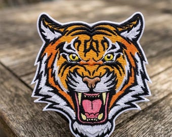 Roaring Tiger Head Embroidered Patch, Wild Animal Iron on Patches for Jackets, Fierce Bengal Tiger Badge, Biker Rock Style Embroidery Gift