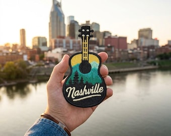 Nashville Guitar Embroidered Patch, Music City Iron-On Badge, Country Music Travel Souvenir for Jacket Backpack