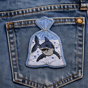 Funny Shark in a Bag Embroidered Iron-On Patch | Ocean Humor Applique