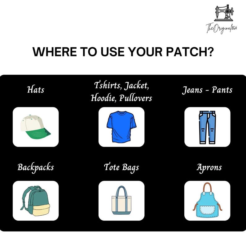 May include: An informational graphic titled WHERE TO USE YOUR PATCH? featuring a sewing machine icon and text TheOriginal864. It displays six icons representing items for patch application: a hat, t-shirt, jeans, backpack, tote bag, and an apron.